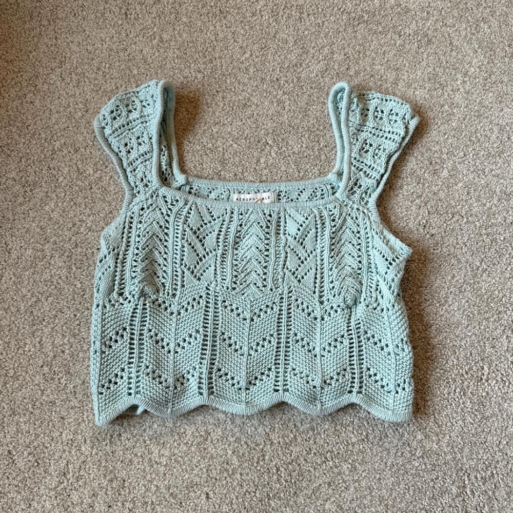 Crochet Knit Top in Light Blue